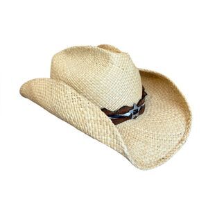 Bullhide Straw Cowboy Western Hat Leather Straps and Star Decor Womens Large